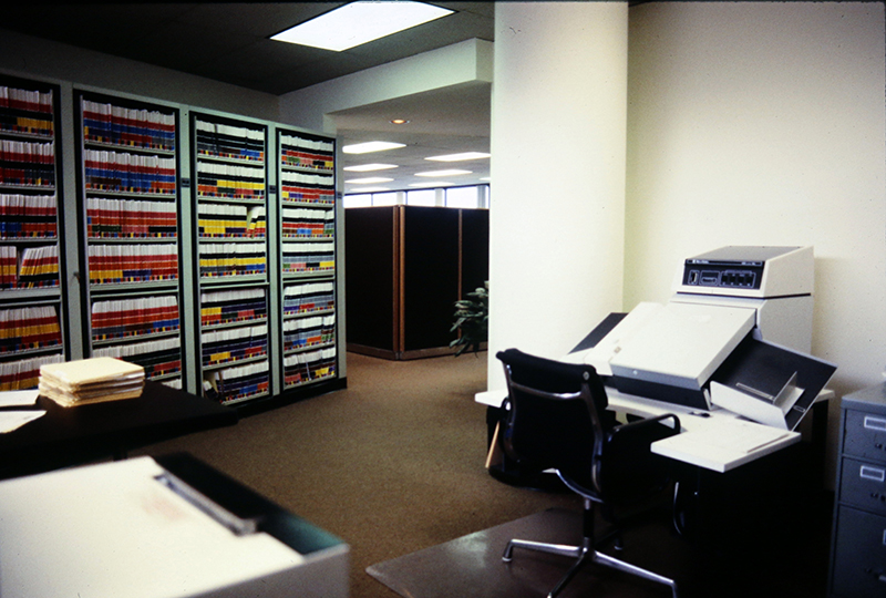 A wall of customer Records at NCARB’s office in the 1980s.